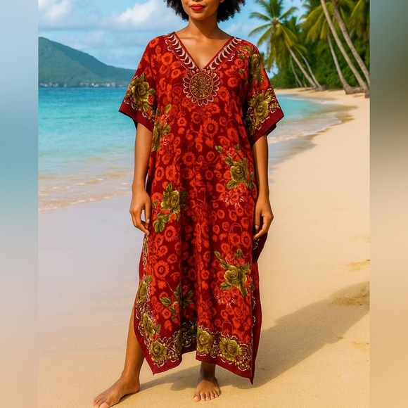 Vintage Miss Lavish London Red Floral Print Muumuu House Dress Kaftan Women - Picture 1 of 7